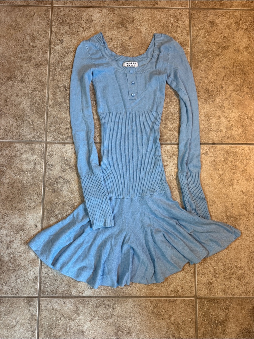 Frankie's Bikinis Light Blue Ribbed Long-Sleeve Button Scoop Dress